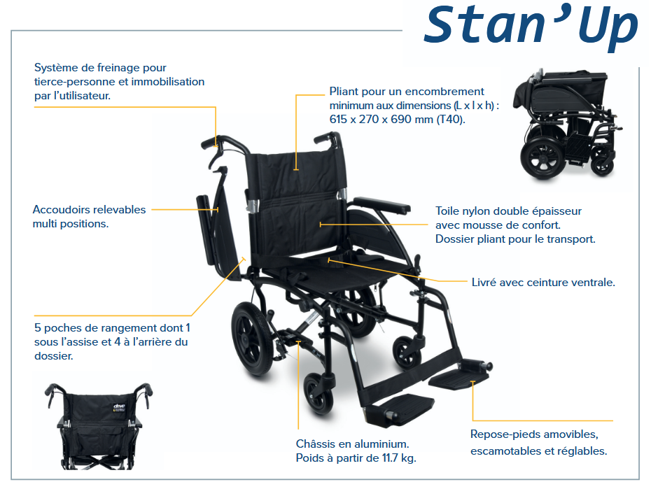 Détails techniques du fauteuils de transfert Stan Up Noir