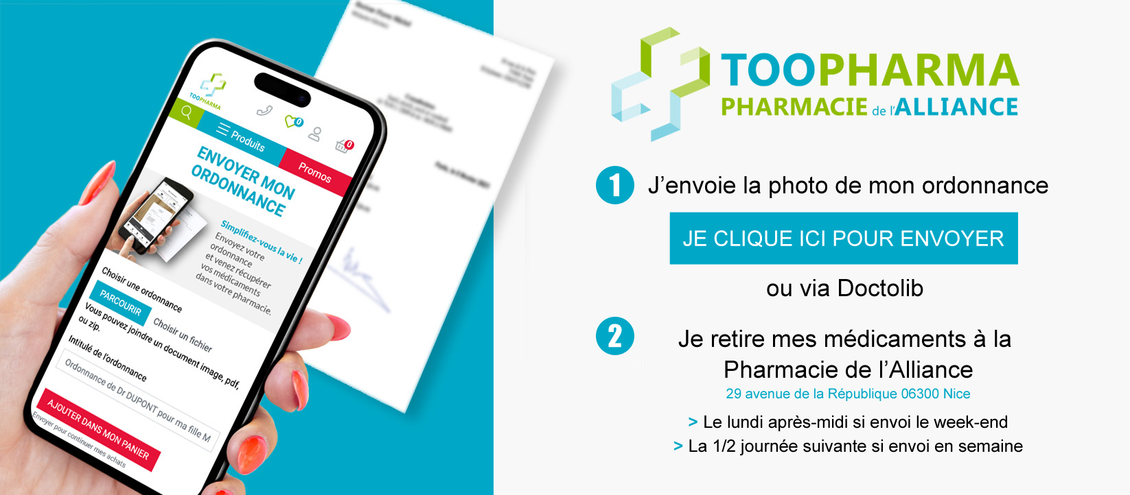Déposer votre ordonnance en ligne et retirer vos médicaments à la pharmacie de l'Alliance.