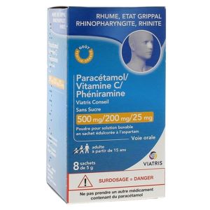 Paracétamol Vitamine C Phéniramine 500mg/200mg/25mg - Sans sucre - 8 sachets