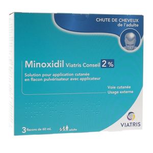 Minoxidil 2% - Chute de cheveux modérée - Adulte - 3 flacons de 60ml