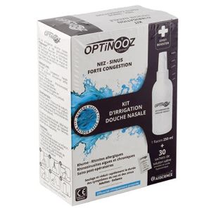 Optinooz - Kit d'irrigation douche nasale 250 ml + 30 sachets de solutions saline
