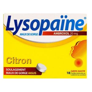 Lysopaïne Ambroxol 20mg Citron - Maux de gorge aigus - 18 pastilles sans sucre