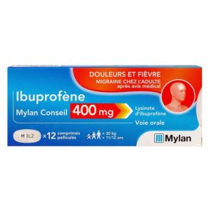 Ibuprofene Mylan Conseil 400mg - Douleurs Fièvre Migraine - 12 comprimés enrobés