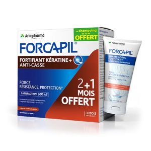 Forcapil Fortifiant Kératine+ Programme 3 mois 120 + 60 Gélules + Shampooing fortifiant de 30ml OFFERT