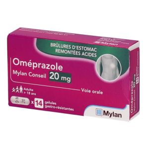 Omeprazole 20mg Mylan Conseil - Brûlures estomac Remontées acides - 14 gélules