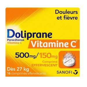 Doliprane paracétamol Vitamine C 500mg/150mg - Dès 27kg - Douleurs et Fièvre - 16 comprimés effervescents