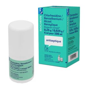 Chlorhexidine Benzalkonium Alcool benzylique 0,25g 0,025g 4ml pour 100ml - Antiseptique - Spray 50ml
