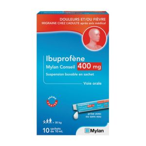 Ibuprofene Mylan Conseil - Douleurs Fièvre Crise de migraine - 400mg - 10 sachets buvables