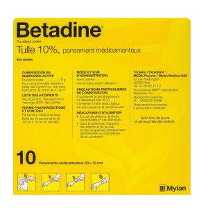 Betadine Tulle 10% - 10x10cm - Plaies Brûlures Affections peau muqueuses - 10 pansements médicamenteux
