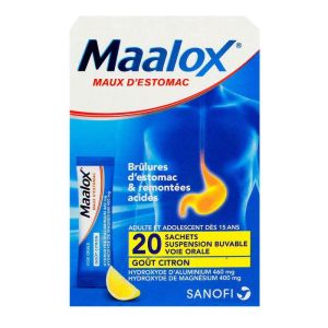 Maalox Citron - Maux d'Estomac Remontées acides - 20 sachets suspension buvable