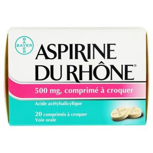 Aspirine du Rhône 500mg - Fièvre ou Douleur légère à modérée - 20 Comprimés à croquer