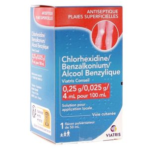 Chlorexidine/Benzalkonium/Alcool Benzylique Viatris - Antiseptique petites plaies superficielles - Flacon 50ml