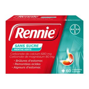 Rennie - Brûlures Estomac Aigreurs Remontées acides - Menthe - Sans sucre - 60 comprimés à croquer
