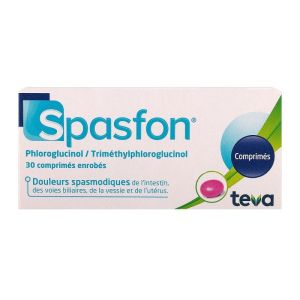 Spasfon - Douleurs spasmodiques Intestin Voies biliaires Vessie Utérus - 30 comprimés enrobés