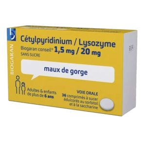 Cetylpyridinium / Lysozyme 1,5 Mg/20 Mg - Maux de gorge - 36 comprimés à sucer
