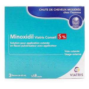 Minoxidil 5% - Chute de cheveux modérée - Homme - 3 flacons de 60ml