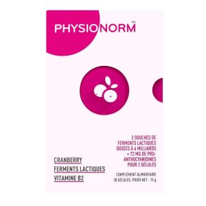 Physionorm Cranberry - Ferments lactiques Vitamine B2 - infections urinaires - 30 gélules