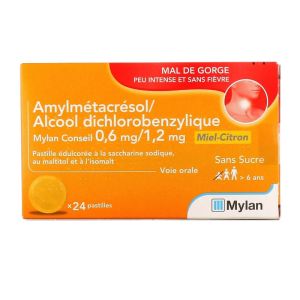 Amylmétacrésol/alcool dichlorobenzylique - Mal de gorge - Miel-citron - Sans sucre - 24 pastilles