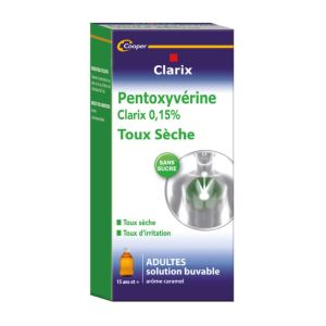 Sirop Clarix pentoxyvérine 0,15% - Toux sèche - Adulte - 200 ml