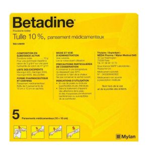 Betadine tulle 10% - Antisepsie des plaies ou brûlures superficielles - 5 pansements 10x10cm