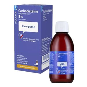 Sirop sans sucre Carbocistéine 5% - Toux grasse - Adulte - Flacon 200 ml