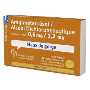 Amylmétacrésol 0,6 mg / Alcool Dichlorobenzylique 1,2 mg - Maux de gorge - 24 pastilles