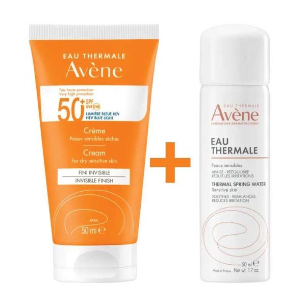 Crème Solaire SPF50+ peaux sensibles 50ML+ Spray eau thermale d'Avène OFFERT