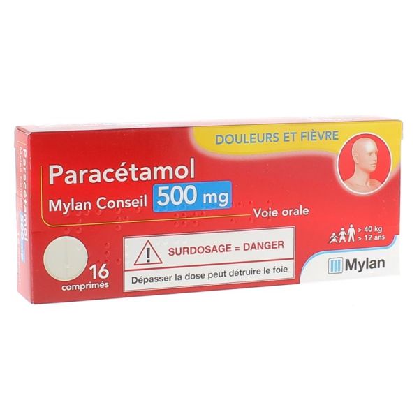 Paracétamol 500mg Mylan Conseil - Douleurs et Fièvre - 16 comprimés