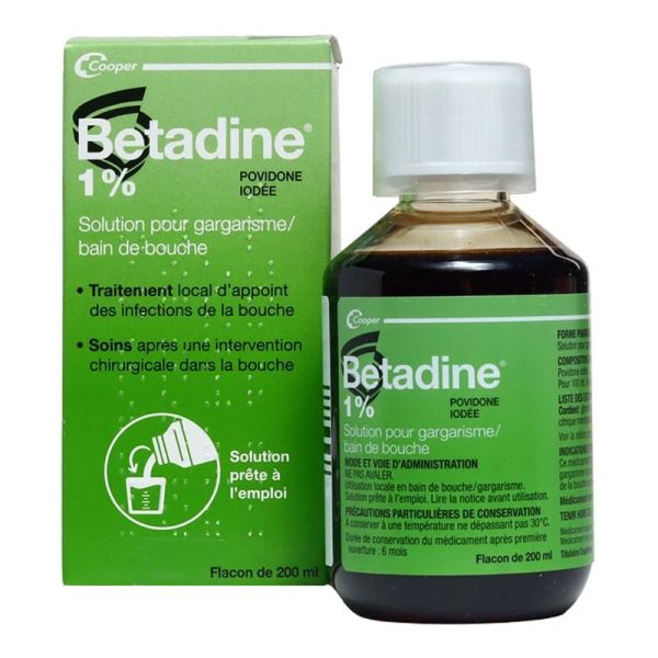 Betadine 1% - Solution pour gargarisme - Bain de bouche - Flacon 200 ml
