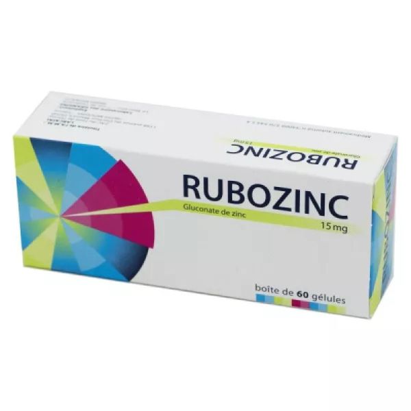 Rubozinc 15mg - Gluconate de zinc - Acné inflammatoire Acrodermatite entéropathique - 60 gélules