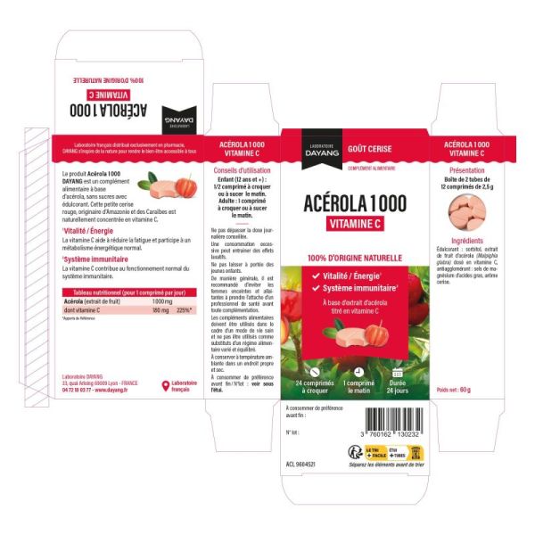 Acérola 1000 - Vitamine C 180 mg - Énergie/Vitalité Système immunitaire - 24 comprimés