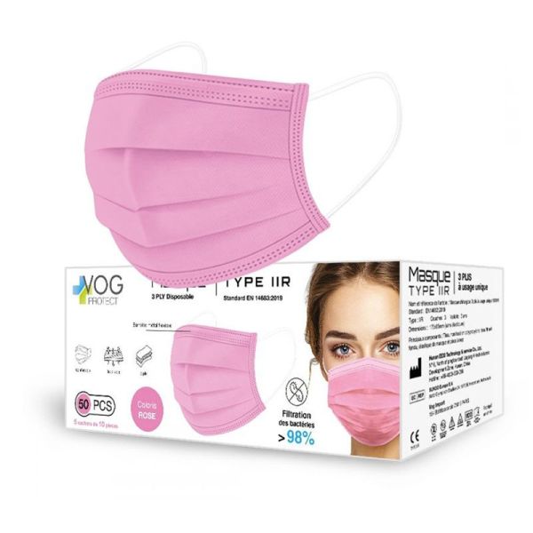 50 Masques chirurgicaux Type IIR 3 Plis - Rose - Norme EN14683