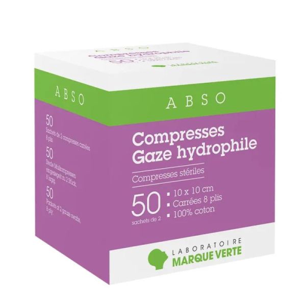 Abso Compresses de gaze hydrophile - 10 x 10CM - 50 sachets de 2