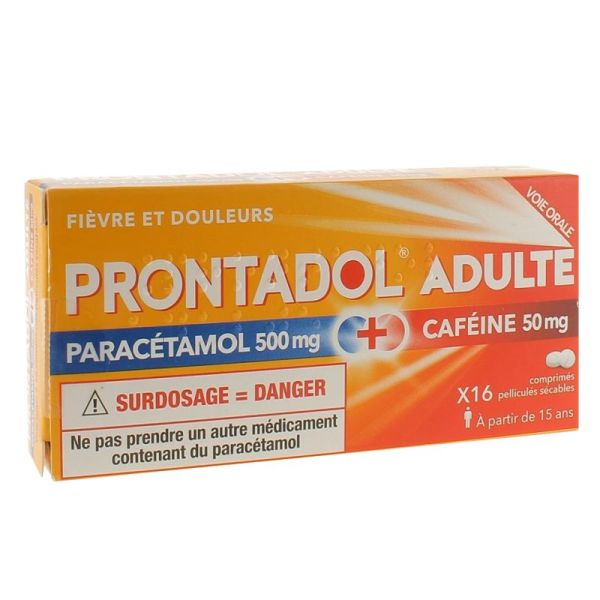 Prontadol Adulte - Paracétamol 500mg Caféine 50mg - Fièvre et Douleurs - 16 comprimés pélliculés sécables