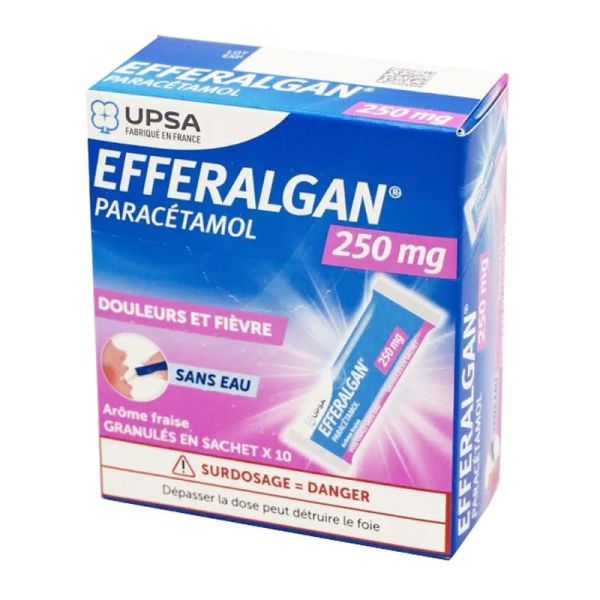 Efferalgan - Paracétamol 250mg - Douleurs et Fièvre - Arôme Fraise - Granulé en sachet - Par 10