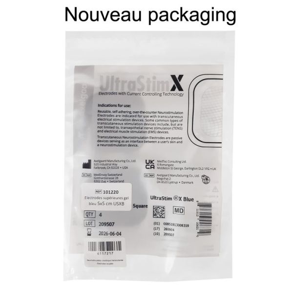 Electrodes Axelgaard UltraStim® X Argent Gel Bleu - Peaux sensibles - 5x5 CM - Sachet de 4