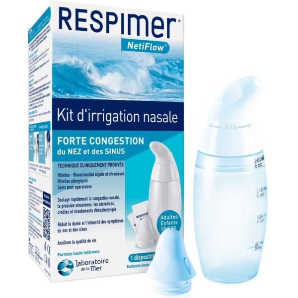 Respimer Netiflow - Kit irrigation nasale - Forte congestion Nez Sinus - 1 Dispositif + 6 sachets