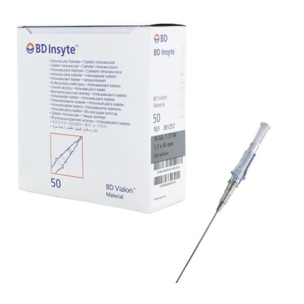 Cathéter intraveineux Bd Insyte™ Sans ailettes - 16G 1,70 x 45 mm - Gris - Par 50