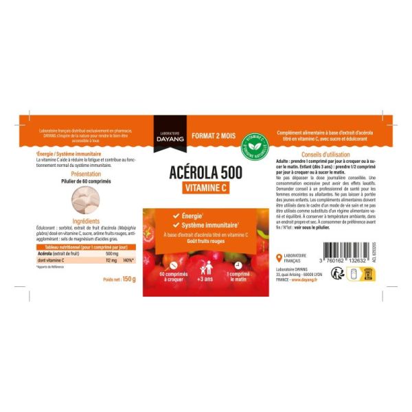 Acerola 500 MG - Energie Système immunitaire - 60 comprimés à croquer