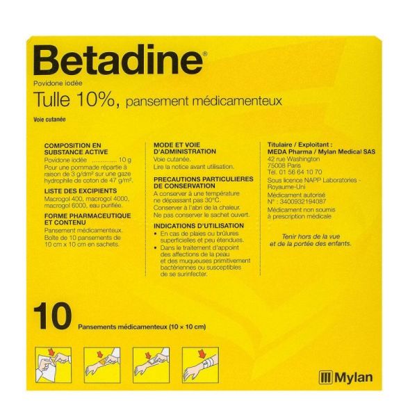 Betadine Tulle 10% - 10x10cm - Plaies Brûlures Affections peau muqueuses - 10 pansements médicamenteux