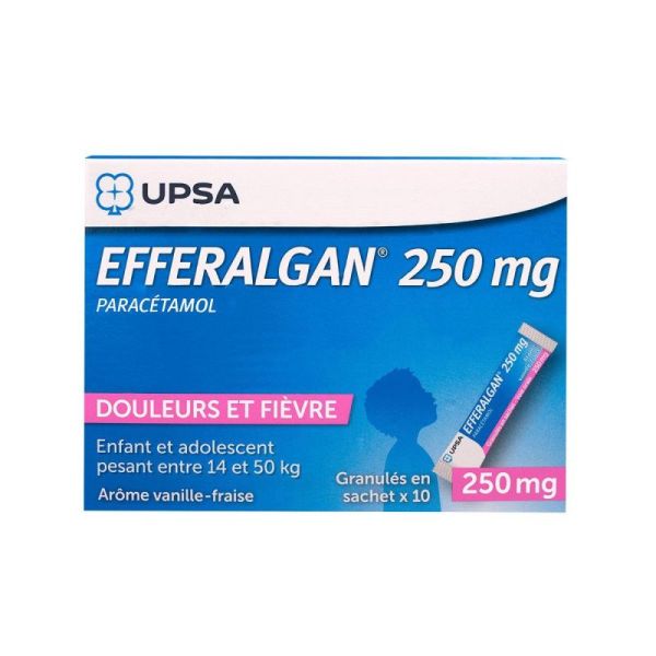 Efferalgan 250mg Paracétamol Enfant Adolescent Vanille Fraise - Douleurs et Fièvre - Granulés 10 sachets