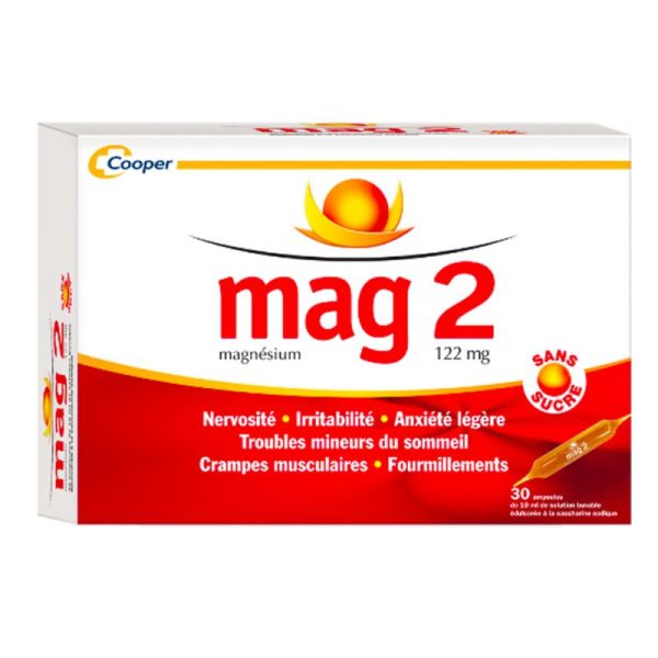 Mag 2 Magnésium 122 mg - Nervosité Irritabilité Anxiété - 30 ampoules sans surcre