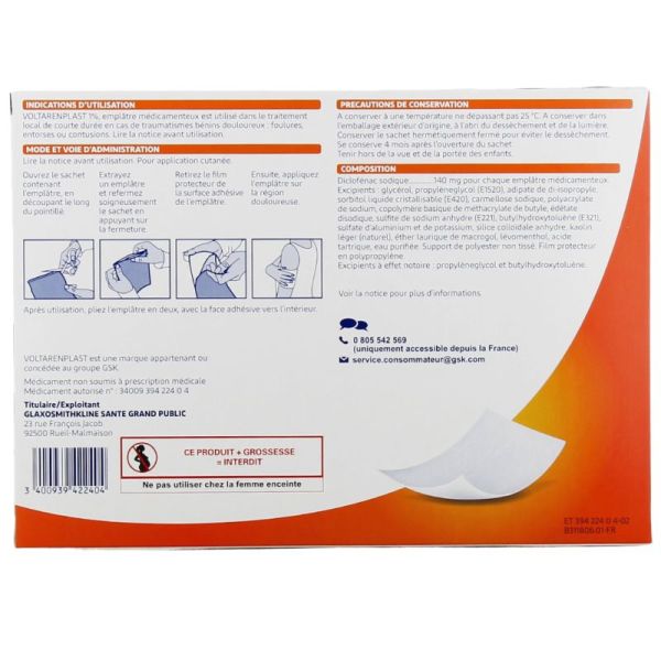 VoltarenPlast 1% - Diclofénac Sodique - 10 Emplâtres médicamenteux