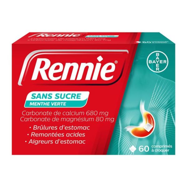 Rennie - Brûlures Estomac Aigreurs Remontées acides - Menthe - Sans sucre - 60 comprimés à croquer