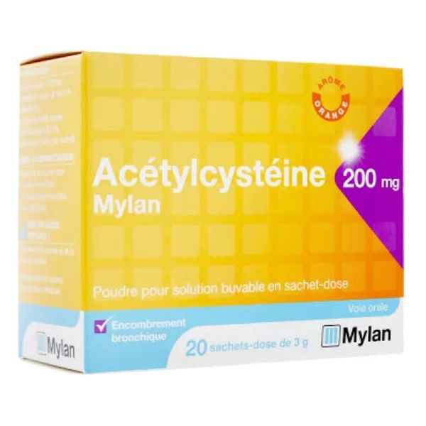 Acétylcystéine Mylan 200 mg - Poudre pour solution buvable - Encombrement bronchique - 20 sachets