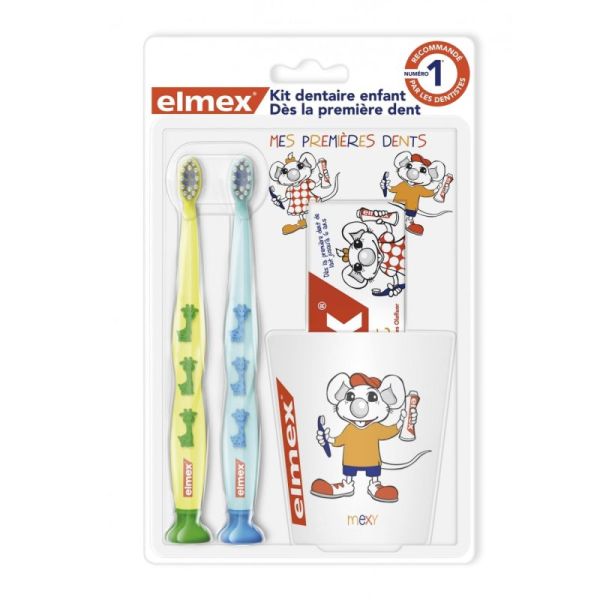Elmex Kit Dentaire Enfants 2 Brosses à Dents + 1 Dentifrice + 1 Gobelet  Offert